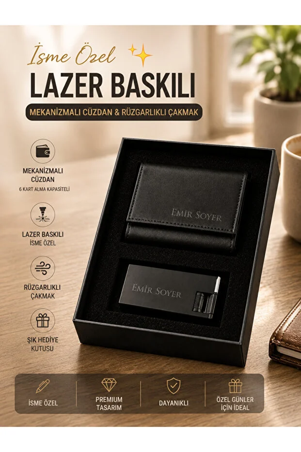  İsme Özel Suni Deri Mekanizmalı Erkek Cüzdan ve Rüzgara Dayanıklı Çakmak Hediye Seti - Kişiye Özel Kutulu